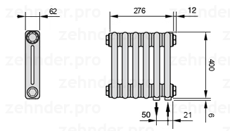 Схема (чертеж) Радиатор Zehnder Charleston 2040/6 №5510 Белый глянцевый RAL 9016